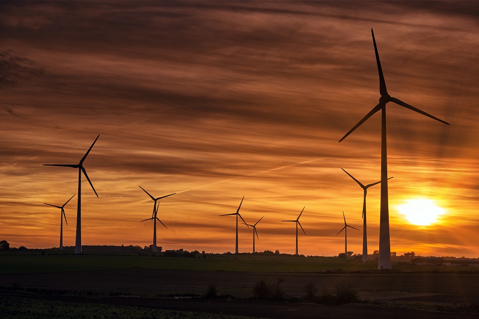 Silhouette of windmills on a field during sunset