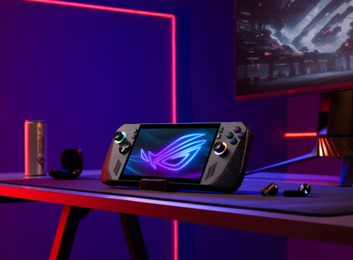 05_gaming setup featuring the ROG Ally X handheld console, positioned on a desk with vibrant LED lighting in the background