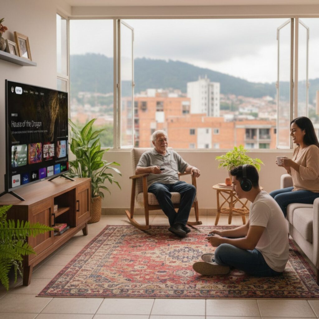 Familia compartiendo en la sala con un televisor Caixun
